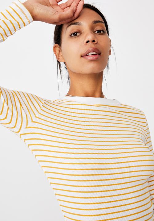 Cotton On - The turn back long sleeve top - miki stripe white/ dark cali yellow