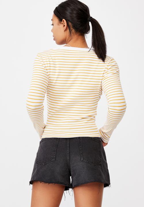Cotton On - The turn back long sleeve top - miki stripe white/ dark cali yellow