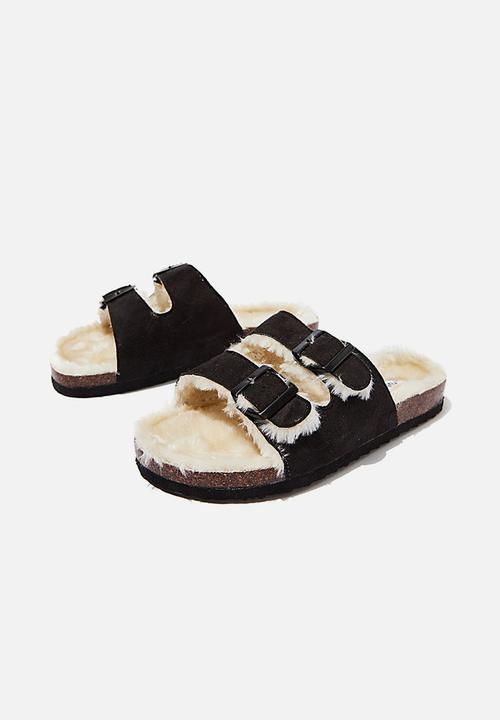 Cotton On - Rex faux fur double buckle slide - black & cream