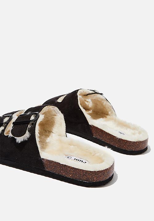 Cotton On - Rex faux fur double buckle slide - black & cream