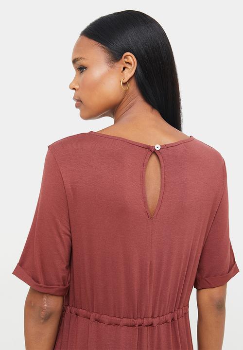 edit - Round neck waisted jumpsuit - brick