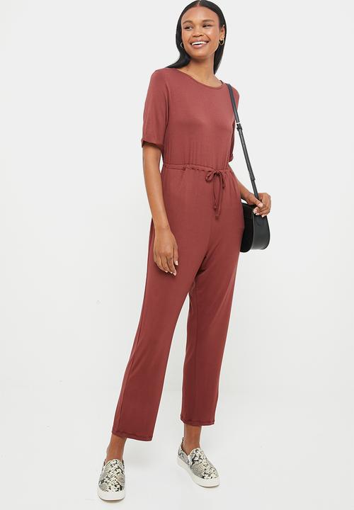 edit - Round neck waisted jumpsuit - brick