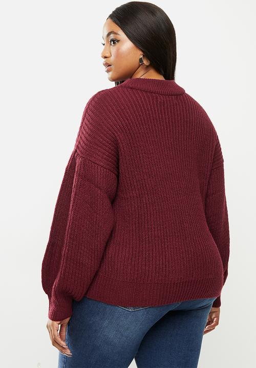JUNAROSE - Curve long sleeve balloon o-neck blouse - burgundy 