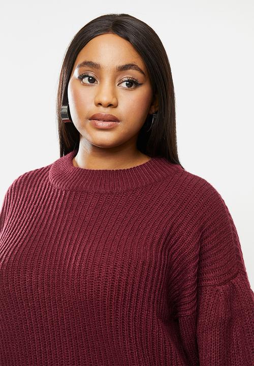 JUNAROSE - Curve long sleeve balloon o-neck blouse - burgundy 