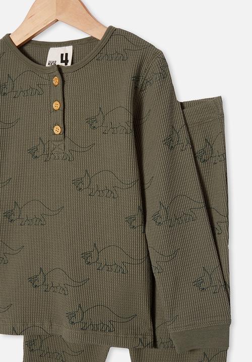 Cotton On - Ryan waffle long sleeve pyjama set - khaki green