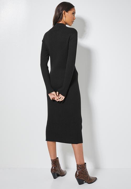 Superbalist - Organic cotton ribbed knitwear poloneck dress- black
