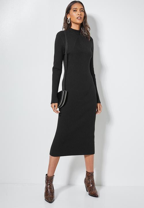 Superbalist - Organic cotton ribbed knitwear poloneck dress- black