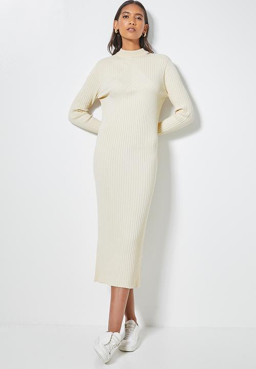 Superbalist - Organic cotton ribbed knitwear poloneck dress - cream