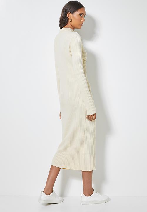 Superbalist - Organic cotton ribbed knitwear poloneck dress - cream