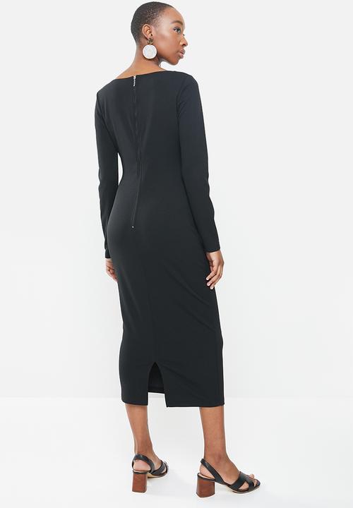 MILLA - Asymmetric neckline midi bodycon dress - black
