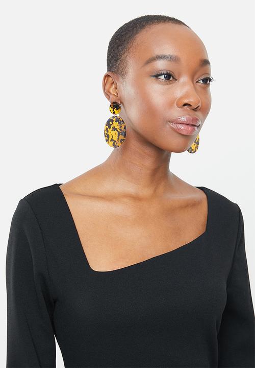 MILLA - Asymmetric neckline midi bodycon dress - black