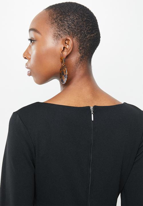 MILLA - Asymmetric neckline midi bodycon dress - black