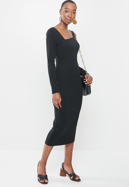 MILLA - Asymmetric neckline midi bodycon dress - black
