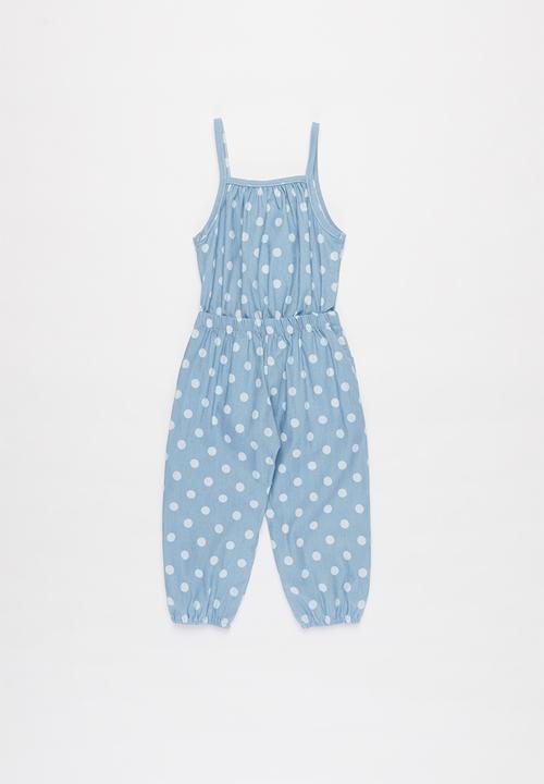 Pop Candy - Girls polka dot jumpsuit - blue & white