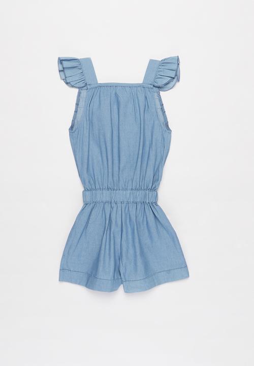 Pop Candy - Girls denim ruffle playsuit - blue
