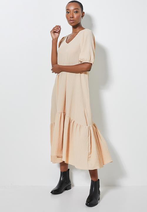 Superbalist - V-back textured fabric tiered dress - stone