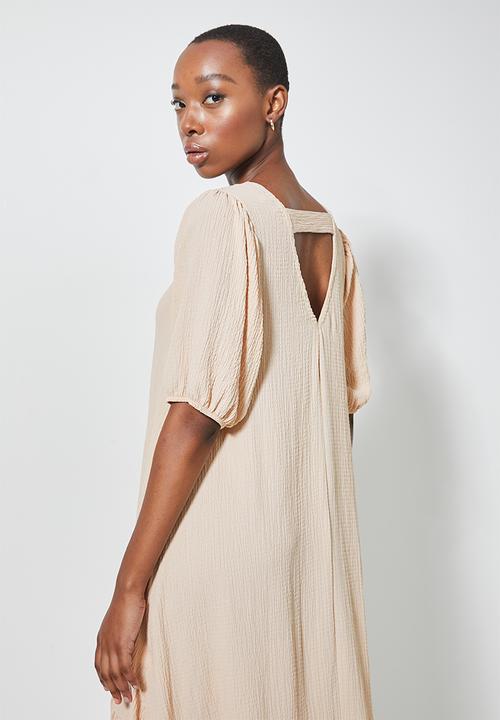 Superbalist - V-back textured fabric tiered dress - stone