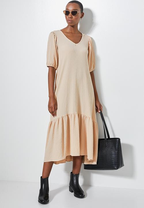 Superbalist - V-back textured fabric tiered dress - stone