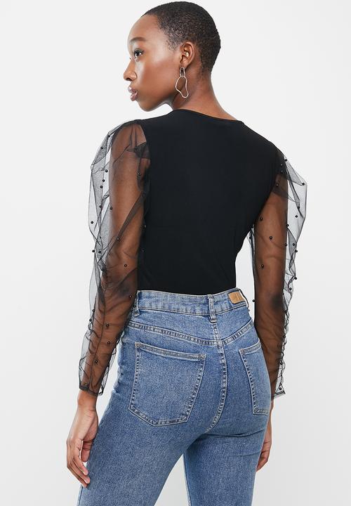 VELVET - Combo bodysuit with pearl embellished carrot sleeves - black