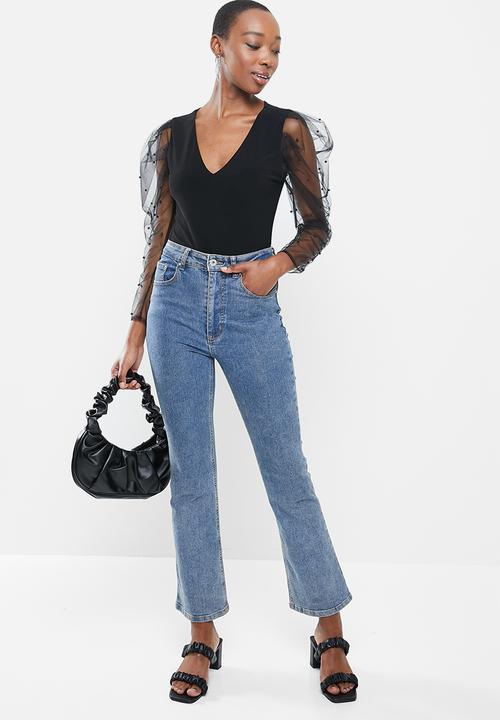 VELVET - Combo bodysuit with pearl embellished carrot sleeves - black