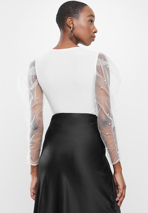 VELVET - Combo bodsyuit with pearl embellished carrot sleeves - white