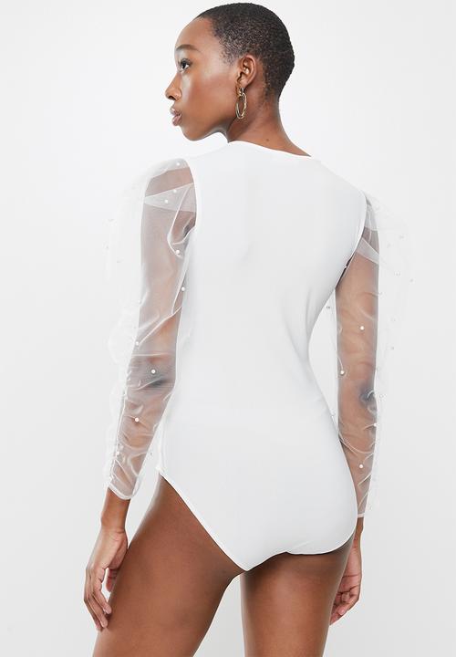 VELVET - Combo bodsyuit with pearl embellished carrot sleeves - white