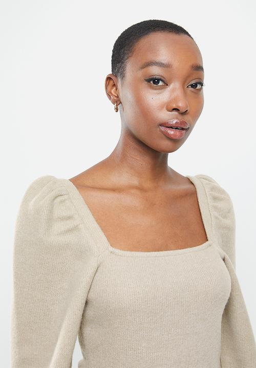 VELVET - Square neck soft touch puff sleeve top - beige