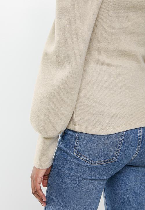 VELVET - Square neck soft touch puff sleeve top - beige