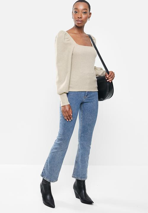 VELVET - Square neck soft touch puff sleeve top - beige