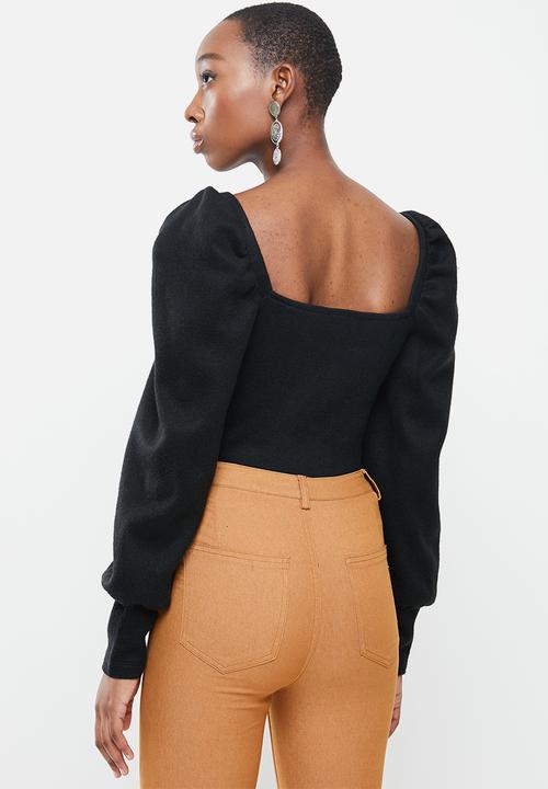 VELVET - Square neck soft touch puff sleeve top - black