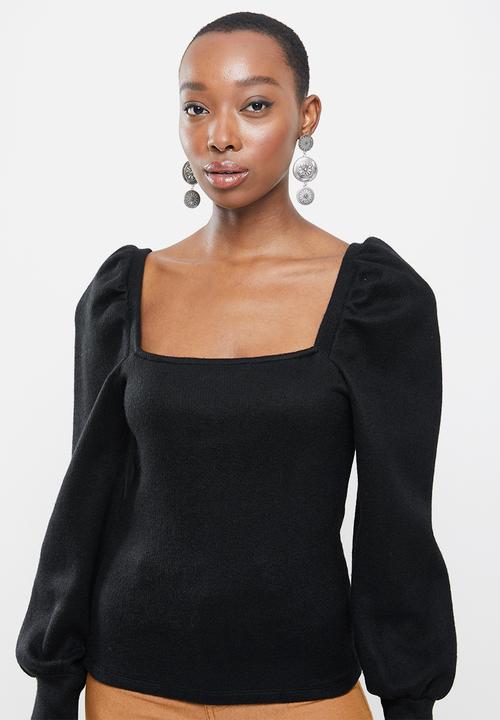 VELVET - Square neck soft touch puff sleeve top - black