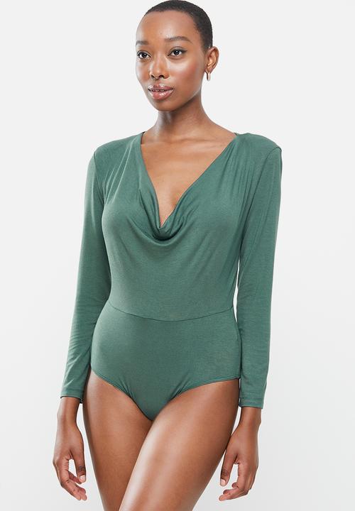VELVET - Cowl neck bodysuit with shoulder pads - green 