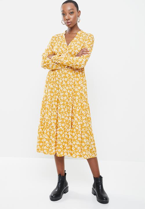 Blake - Printed collared tiered midi dress- yellow