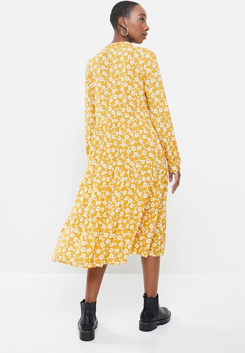 Blake - Printed collared tiered midi dress- yellow