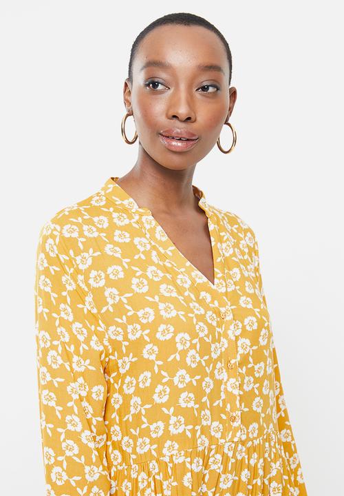 Blake - Printed collared tiered midi dress- yellow