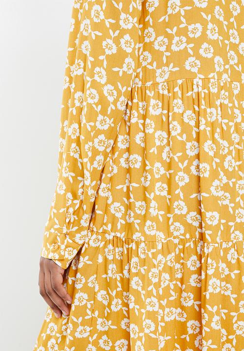 Blake - Printed collared tiered midi dress- yellow