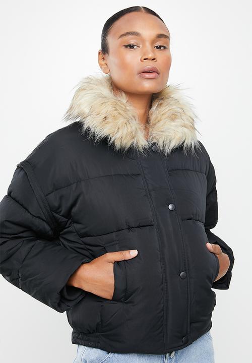 Missguided - Ultimate faux fur collar puffer jacket - black