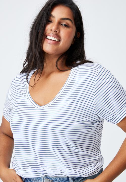 Cotton On - Curve karly short sleeve tee - josie stripe white_coastal blue