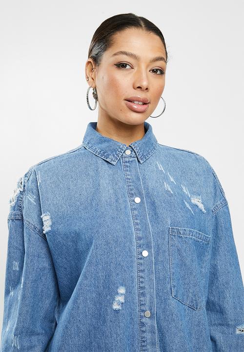 Missguided - Super hem distress denim shirt dress - blue