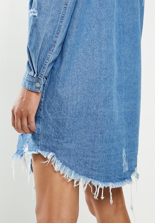 Missguided - Super hem distress denim shirt dress - blue