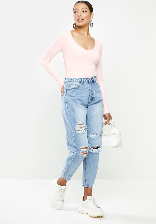 Missguided - V-neck ribbed long sleeve bodysuit - pink