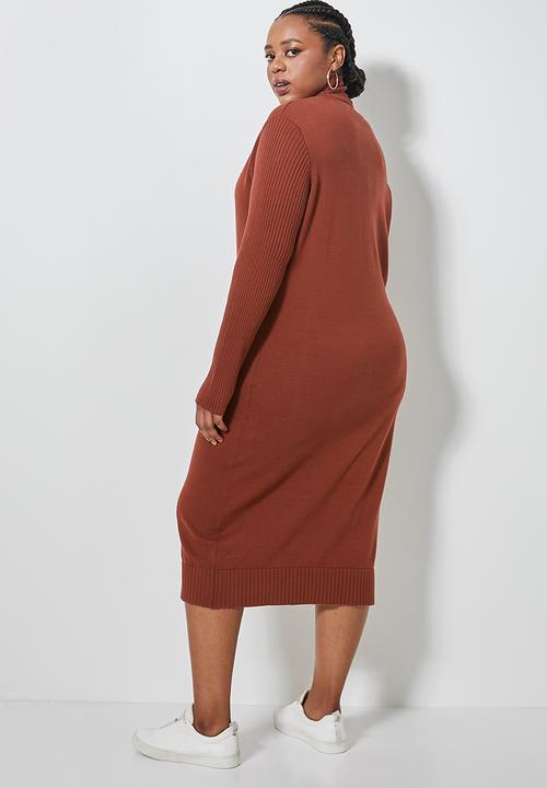 Superbalist - Plus poloneck knitwear dress - tobacco