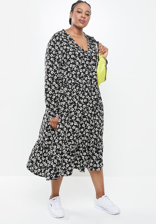 Blake - Printed collared tiered midi dress - black 