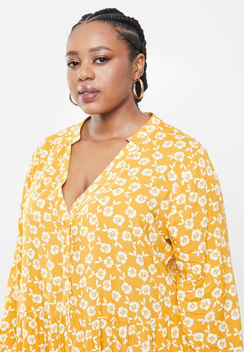 Blake - Printed collared tiered midi dress - mustard