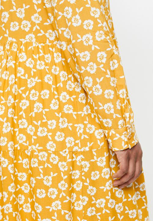 Blake - Printed collared tiered midi dress - mustard
