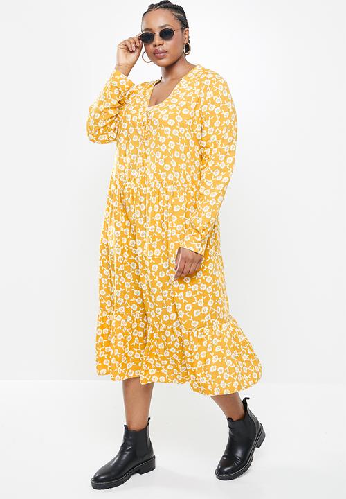 Blake - Printed collared tiered midi dress - mustard