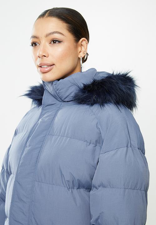 Missguided - Faux fur trim hooded longline puffer - blue