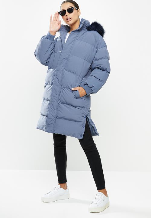 Missguided - Faux fur trim hooded longline puffer - blue