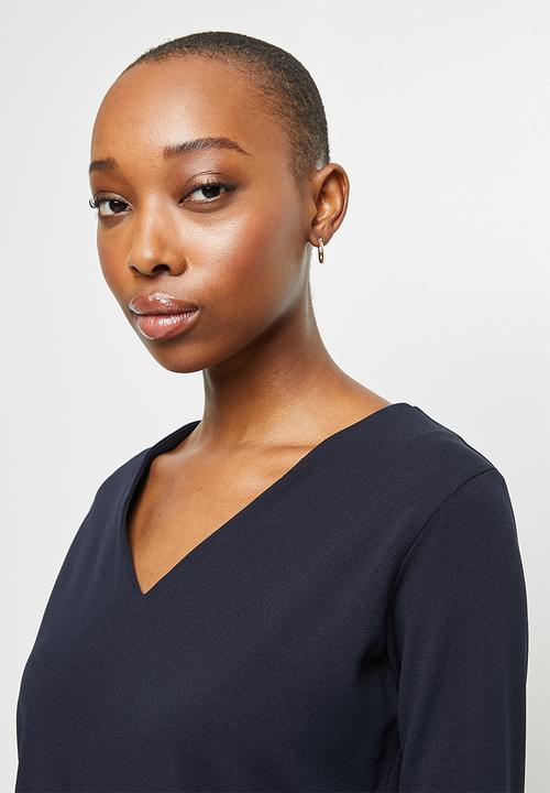 edit - Crepe long sleeve v-neck tunic - navy