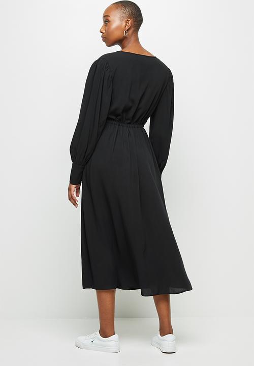 edit - Mandarin collar drawcord a-line midi - black